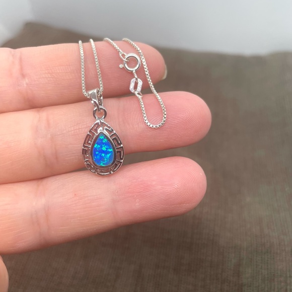 Sterling Silver Blue Opal Greek Pattern necklace - Picture 7 of 8